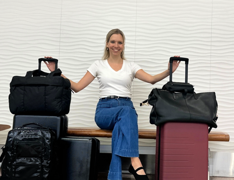 The Best Carry-On Luggage For Women: 2026 Round-Up Ally Travels with a ton of luggage - calpak Luka, quince leather weekender, calpak terra backpack, quince carry-on, no wheel suitcase