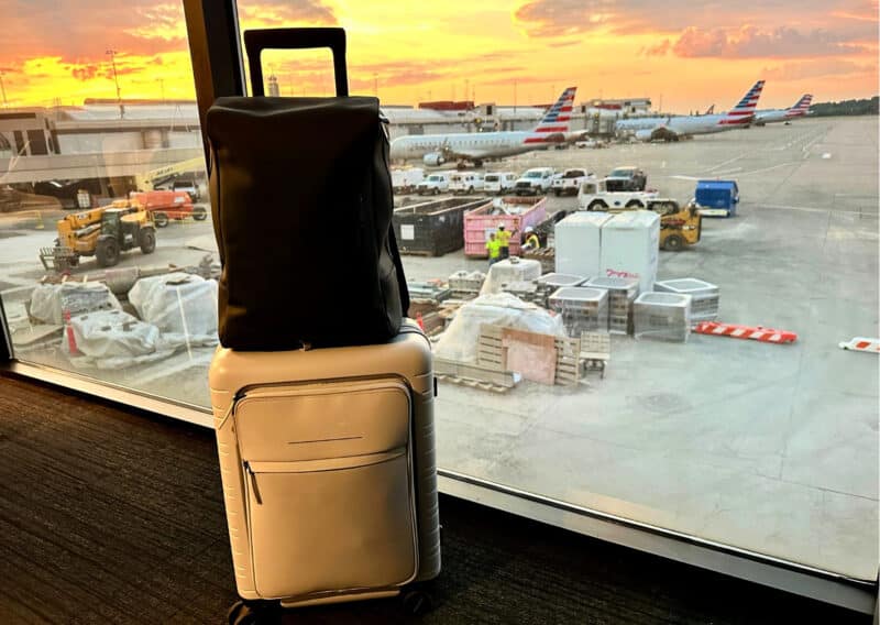 vista backpack maverick co and horizn studios m5 cabin luggage at the airport at sunrise