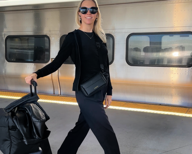 Bandolier Miller Bag Review: The Best Travel Crossbody Bag? Ally Traveling in NYC LIRR from JFK with Bandolier Miller crossbody, Unbound Merino Travel Hoodie, Lululemon trousers, calk Luka duffel and carl Fredrik carry-on