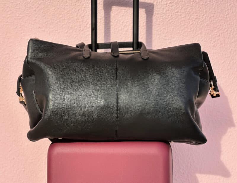ally travels - italian leather weekender and quince carry-on