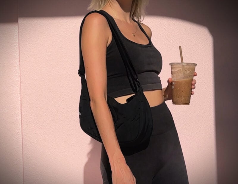 Tomtoc Terra-T34 Light Crossbody Bag 3.5L Review Ally with the tomtoc terra crossbody and an iced coffee wearing fabletics